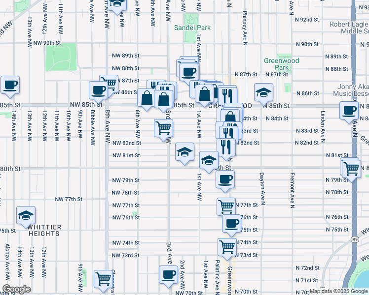 map of restaurants, bars, coffee shops, grocery stores, and more near 125 Northwest 82nd Street in Seattle