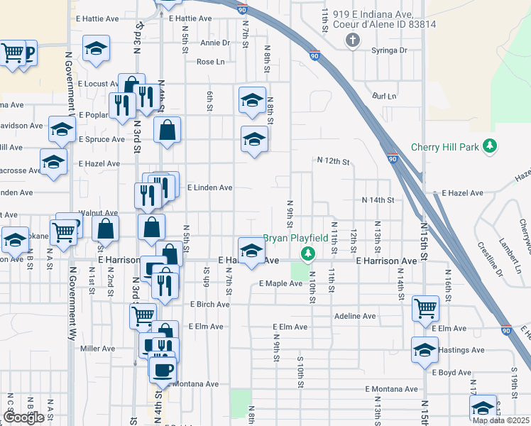 map of restaurants, bars, coffee shops, grocery stores, and more near 1367 Kaleigh Court in Coeur d'Alene