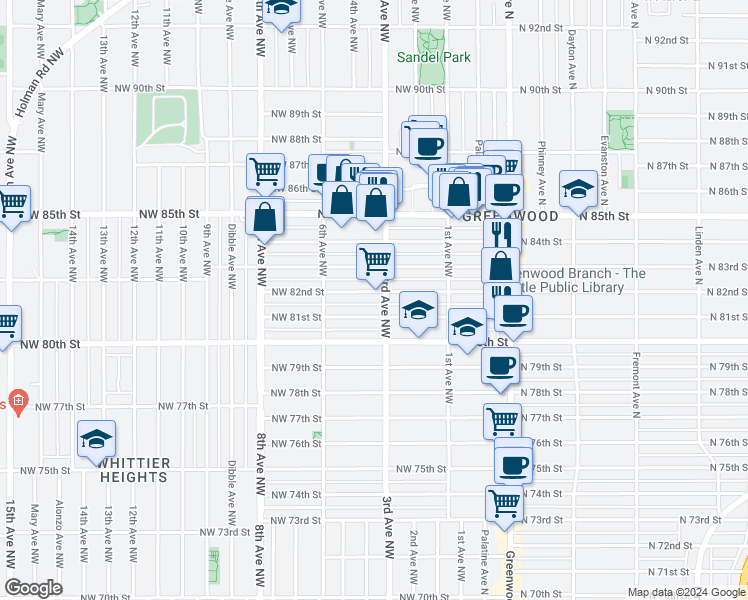 map of restaurants, bars, coffee shops, grocery stores, and more near 309 Northwest 82nd Street in Seattle
