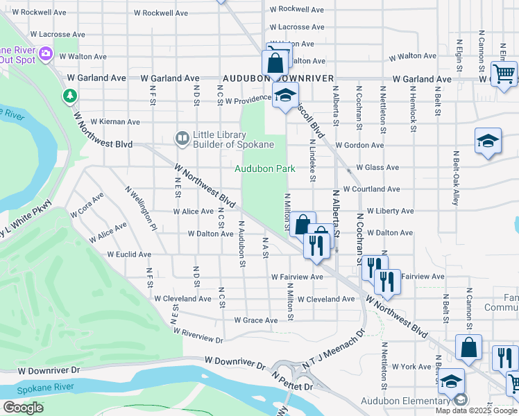 map of restaurants, bars, coffee shops, grocery stores, and more near 3320 North Audubon Street in Spokane