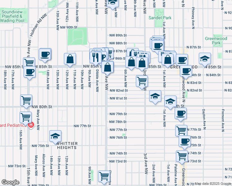 map of restaurants, bars, coffee shops, grocery stores, and more near 616 Northwest 81st Street in Seattle