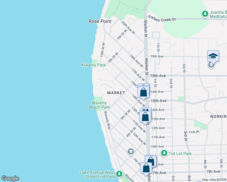 map of restaurants, bars, coffee shops, grocery stores, and more near 621 13th Avenue West in Kirkland