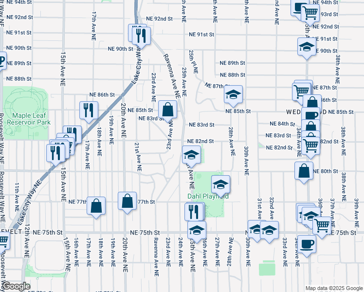map of restaurants, bars, coffee shops, grocery stores, and more near 2511 Northeast 82nd Street in Seattle