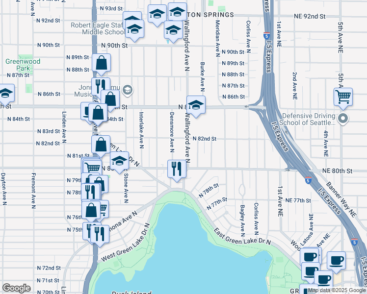 map of restaurants, bars, coffee shops, grocery stores, and more near 8037 Wallingford Avenue North in Seattle