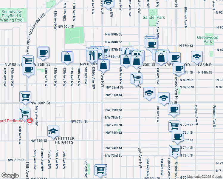 map of restaurants, bars, coffee shops, grocery stores, and more near 616 Northwest 81st Street in Seattle