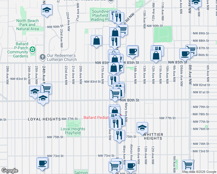 map of restaurants, bars, coffee shops, grocery stores, and more near 8038 16th Avenue Northwest in Seattle