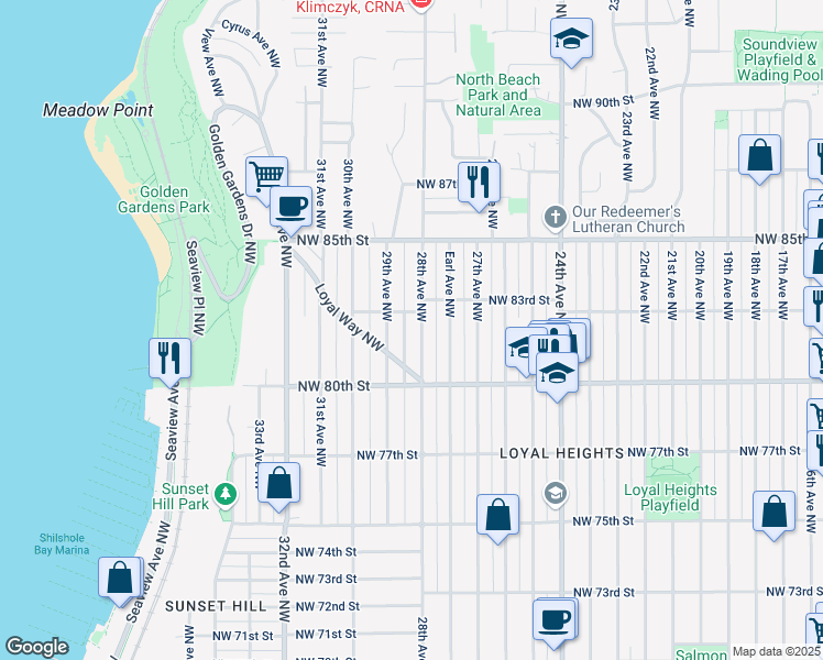 map of restaurants, bars, coffee shops, grocery stores, and more near 8042 29th Avenue Northwest in Seattle