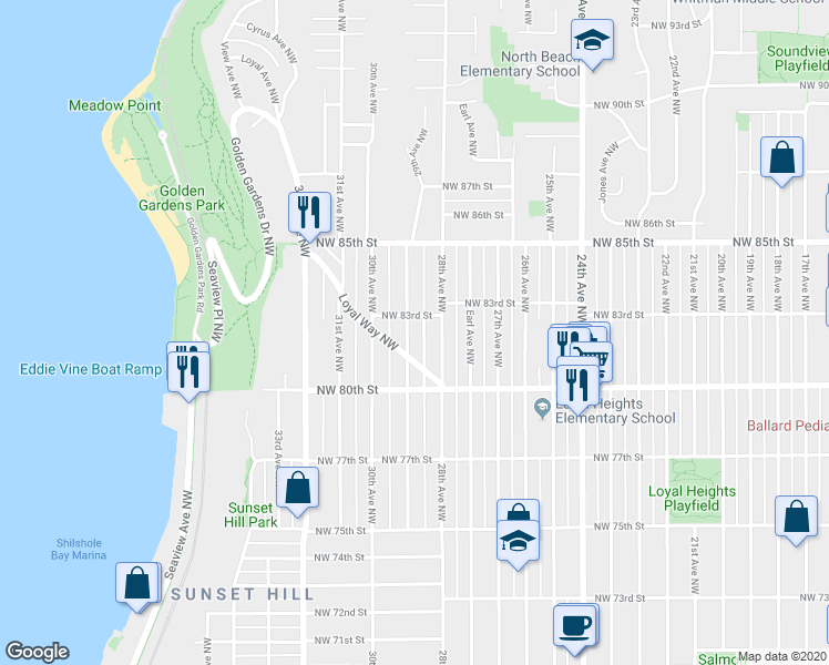 map of restaurants, bars, coffee shops, grocery stores, and more near 8050 29th Avenue Northwest in Seattle