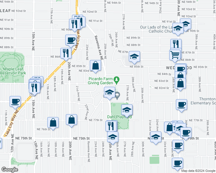 map of restaurants, bars, coffee shops, grocery stores, and more near 2511 Northeast 82nd Street in Seattle