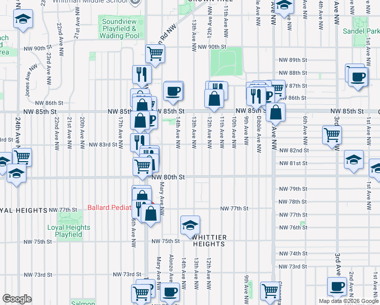 map of restaurants, bars, coffee shops, grocery stores, and more near 8035 13th Avenue Northwest in Seattle