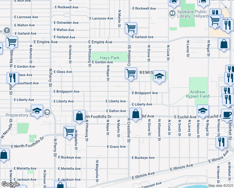 map of restaurants, bars, coffee shops, grocery stores, and more near 1923 Liberty Avenue in Spokane