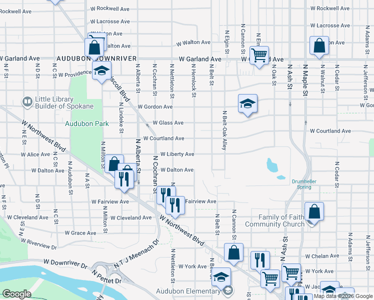 map of restaurants, bars, coffee shops, grocery stores, and more near 2323 West Liberty Avenue in Spokane