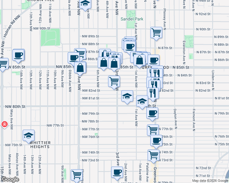map of restaurants, bars, coffee shops, grocery stores, and more near 305 Northwest 82nd Street in Seattle