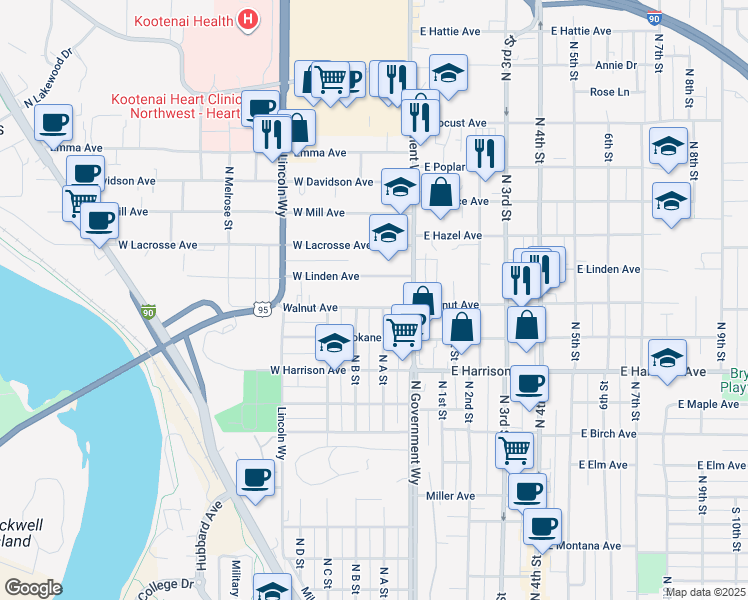 map of restaurants, bars, coffee shops, grocery stores, and more near 310 West Walnut Avenue in Coeur d'Alene
