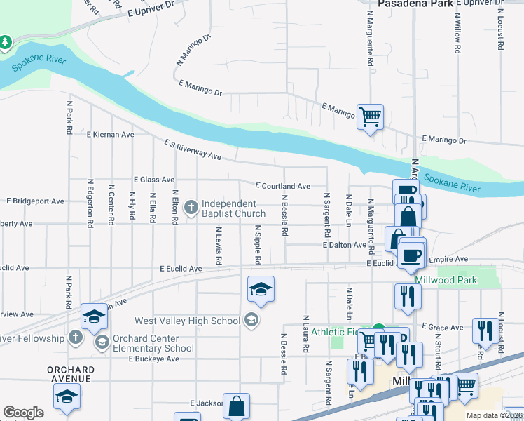 map of restaurants, bars, coffee shops, grocery stores, and more near 8319 East Liberty Avenue in Millwood