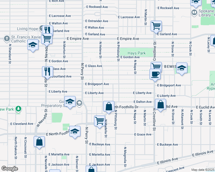 map of restaurants, bars, coffee shops, grocery stores, and more near 3303 North Madelia Street in Spokane