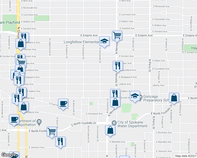 map of restaurants, bars, coffee shops, grocery stores, and more near 807 Liberty Avenue in Spokane