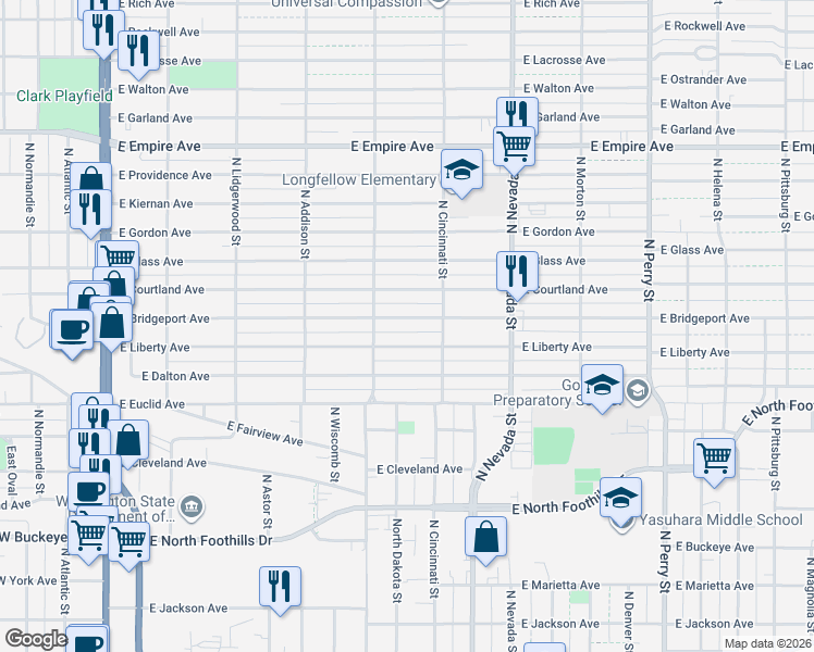 map of restaurants, bars, coffee shops, grocery stores, and more near 707 Liberty Avenue in Spokane