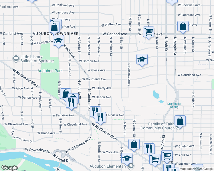 map of restaurants, bars, coffee shops, grocery stores, and more near 2323 West Liberty Avenue in Spokane