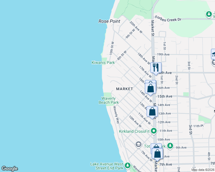map of restaurants, bars, coffee shops, grocery stores, and more near 725 10th Avenue West in Kirkland
