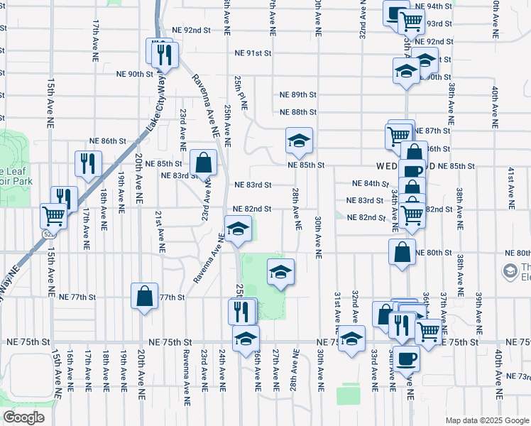 map of restaurants, bars, coffee shops, grocery stores, and more near 2609 Northeast 82nd Street in Seattle