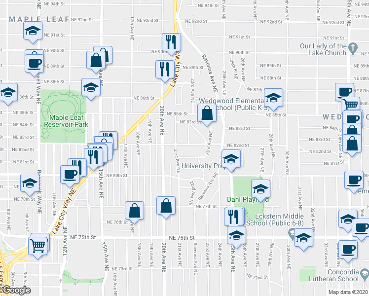 map of restaurants, bars, coffee shops, grocery stores, and more near 2102 Northeast 81st Place in Seattle