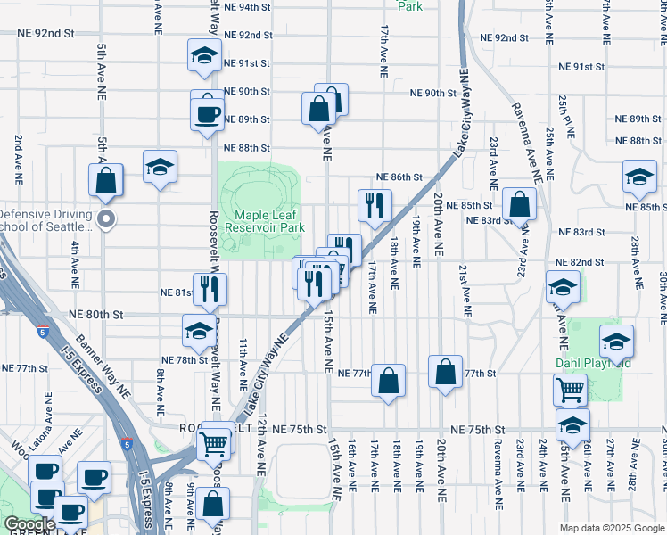 map of restaurants, bars, coffee shops, grocery stores, and more near 8074 Lake City Way Northeast in Seattle