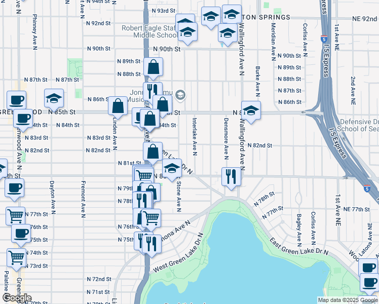 map of restaurants, bars, coffee shops, grocery stores, and more near 8106 Stone Avenue North in Seattle