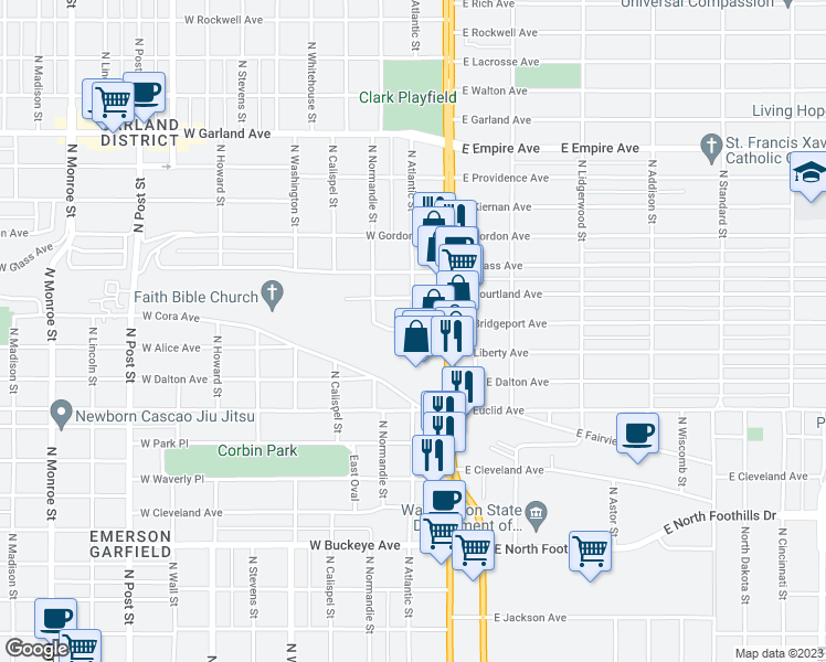 map of restaurants, bars, coffee shops, grocery stores, and more near N Atlantic St & W Gray Ct in Spokane