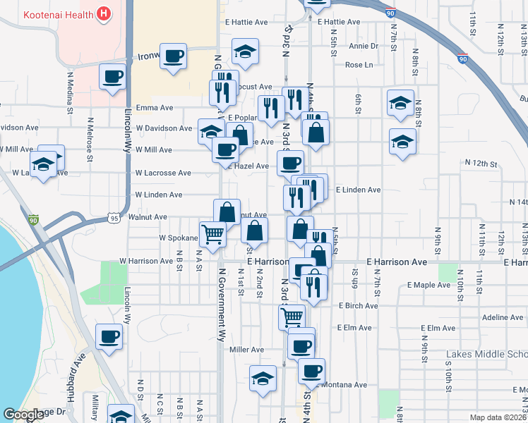 map of restaurants, bars, coffee shops, grocery stores, and more near 1320 North 1st Street in Coeur d'Alene