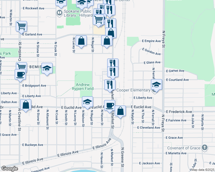 map of restaurants, bars, coffee shops, grocery stores, and more near 3013 East Bridgeport Avenue in Spokane