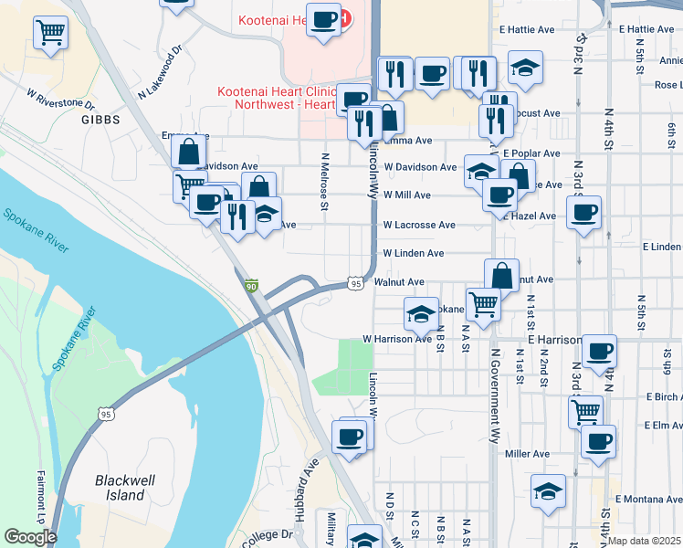map of restaurants, bars, coffee shops, grocery stores, and more near 1401 North Nora Street in Coeur d'Alene