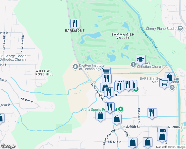 map of restaurants, bars, coffee shops, grocery stores, and more near 9840 Willows Road in Redmond