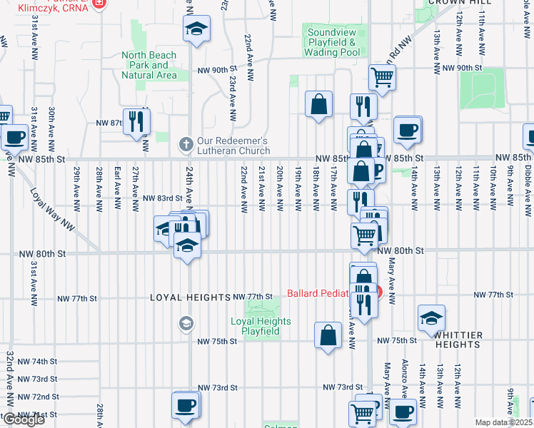 map of restaurants, bars, coffee shops, grocery stores, and more near 8037 21st Avenue Northwest in Seattle