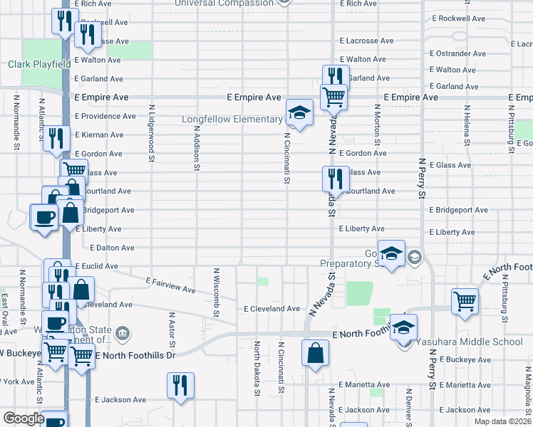 map of restaurants, bars, coffee shops, grocery stores, and more near 707 Liberty Avenue in Spokane