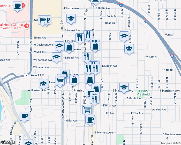 map of restaurants, bars, coffee shops, grocery stores, and more near 303 East Spokane Avenue in Coeur d'Alene