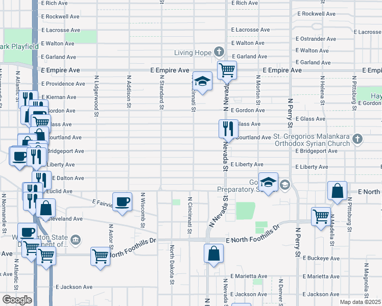 map of restaurants, bars, coffee shops, grocery stores, and more near 807 Liberty Avenue in Spokane