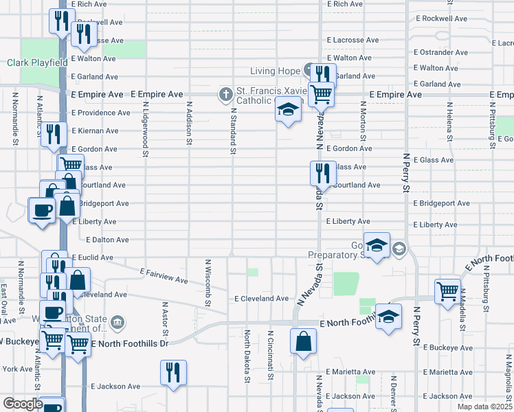 map of restaurants, bars, coffee shops, grocery stores, and more near 707 Liberty Avenue in Spokane