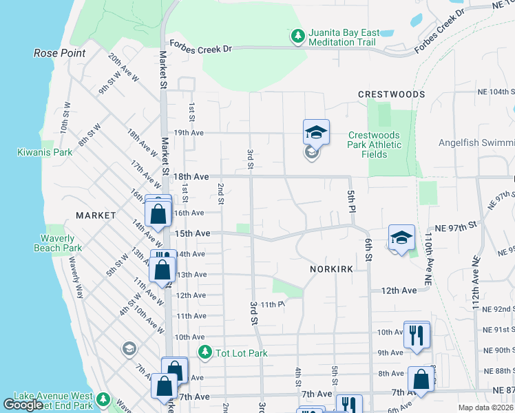 map of restaurants, bars, coffee shops, grocery stores, and more near 1512 3rd Street in Kirkland