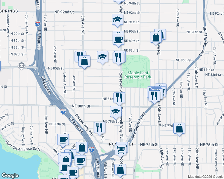 map of restaurants, bars, coffee shops, grocery stores, and more near 831 Northeast 82nd Street in Seattle