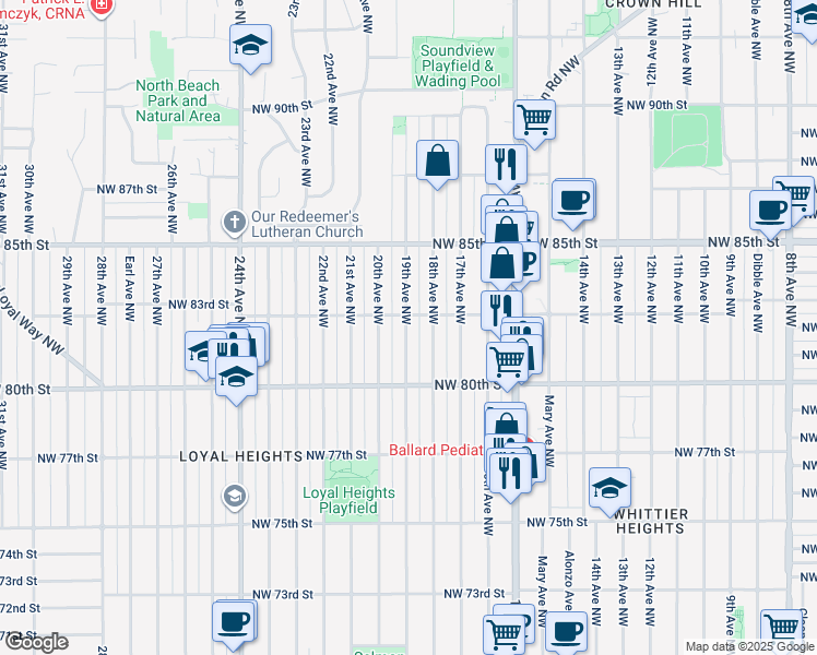 map of restaurants, bars, coffee shops, grocery stores, and more near 8037 18th Avenue Northwest in Seattle