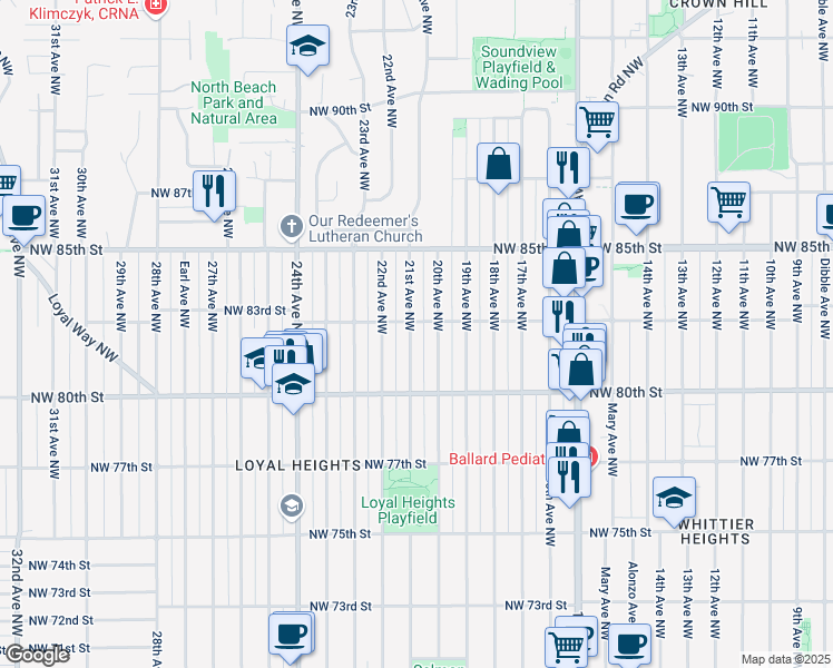 map of restaurants, bars, coffee shops, grocery stores, and more near 8037 21st Avenue Northwest in Seattle