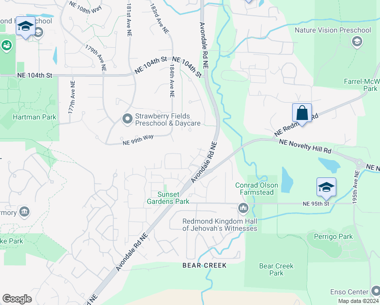 map of restaurants, bars, coffee shops, grocery stores, and more near 9805 Avondale Road Northeast in Redmond