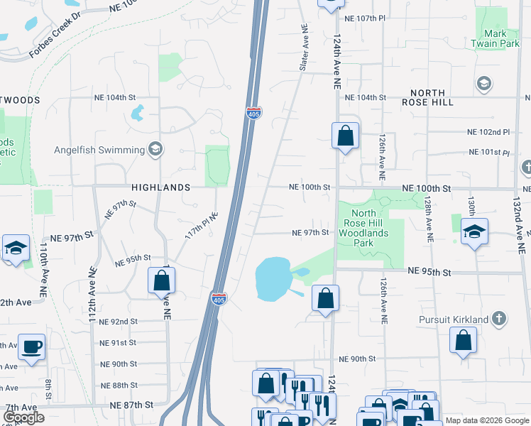 map of restaurants, bars, coffee shops, grocery stores, and more near 12010 Northeast 97th Street in Kirkland