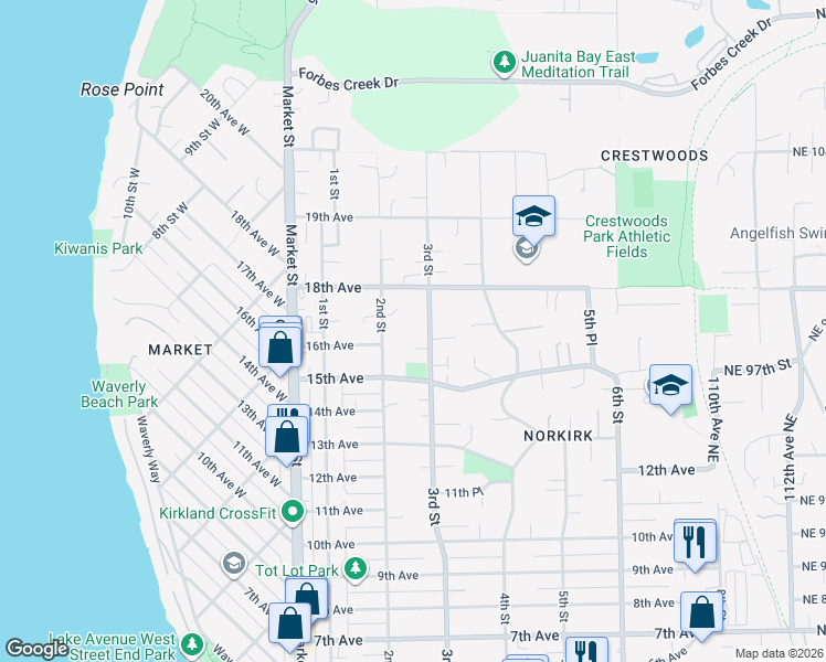 map of restaurants, bars, coffee shops, grocery stores, and more near 1525 3rd Street in Kirkland
