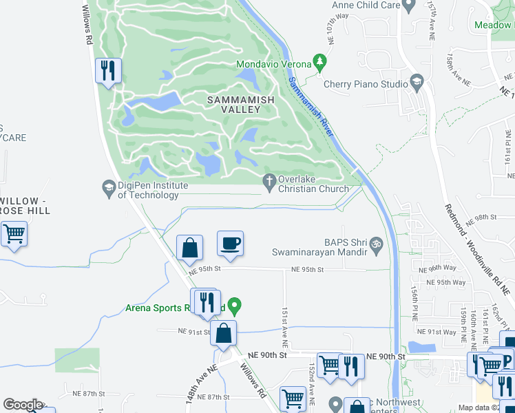 map of restaurants, bars, coffee shops, grocery stores, and more near Puget Power Trail in Redmond