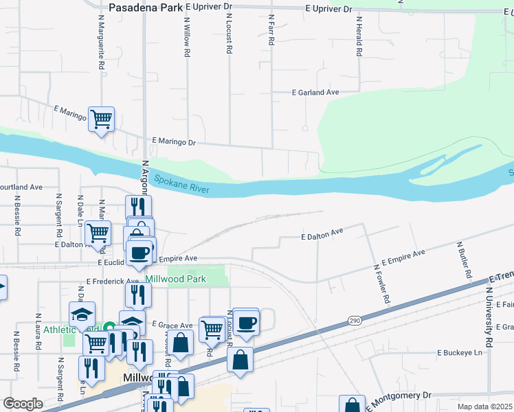 map of restaurants, bars, coffee shops, grocery stores, and more near 3320 North Argonne Road in Millwood