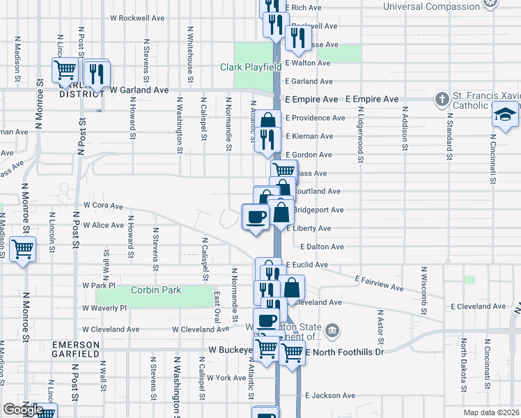 map of restaurants, bars, coffee shops, grocery stores, and more near 26 West Gray Court in Spokane