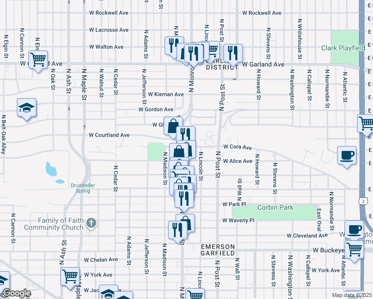 map of restaurants, bars, coffee shops, grocery stores, and more near 3306 North Monroe Street in Spokane