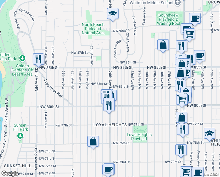 map of restaurants, bars, coffee shops, grocery stores, and more near 24th Avenue Northwest in Seattle